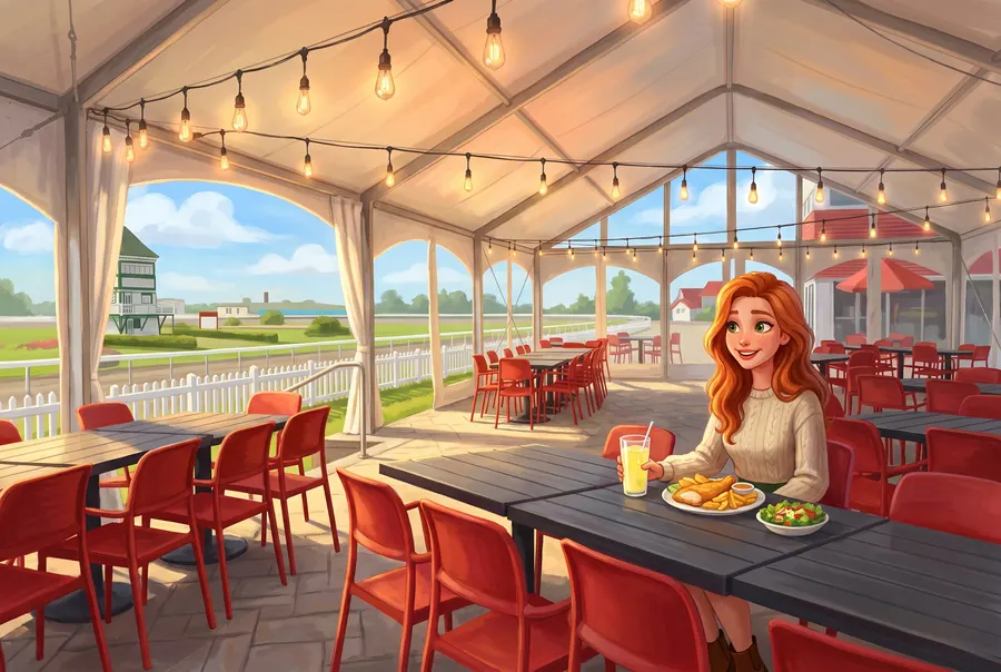 A woman at supper in the Red Shores trackside tent